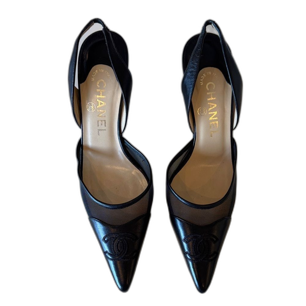 Chanel Black Slingback CC Logo Pointed Toe Pumps Heels Shoes Size EU 37.5C